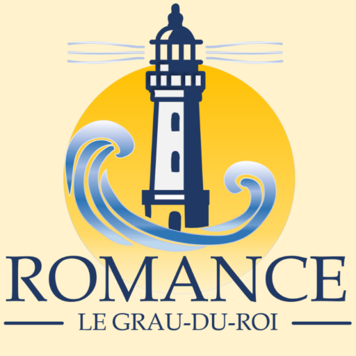 Ce logo Romance Grau-du-Roi représente les vagues dans la mer, Le coucher de soleil derrière le phare du grau du roi en premier plan. Il est écrit en lettres majuscules le nom de l'appartement ROMANCE